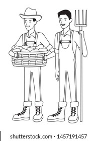 farm, animals and farmer men with hat and holding a wicker basket and man with rake avatar cartoon character in black and white vector illustration graphic design