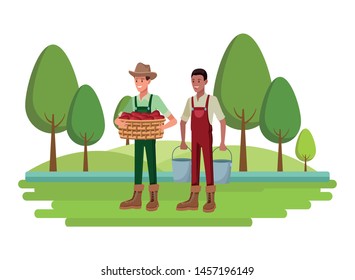 farm, animals and farmer men with hat and holding a wicker basket and man holding pails avatar cartoon character over the grass and trees vector illustration graphic design