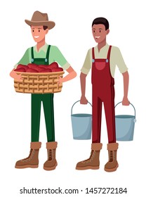 farm, animals and farmer men with hat and holding a wicker basket and man holding pails avatar cartoon character vector illustration graphic design