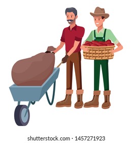 farm, animals and farmer men with moustache and pushing a wheelbarrow with sack with hat and holding a wicker basket avatar cartoon character vector illustration graphic design
