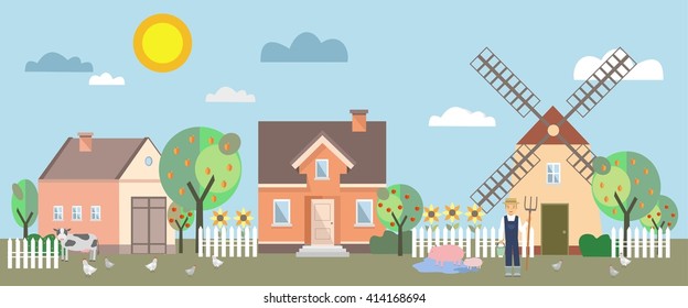 Farm animals and a farmer on the background buildings. Vector illustration.
