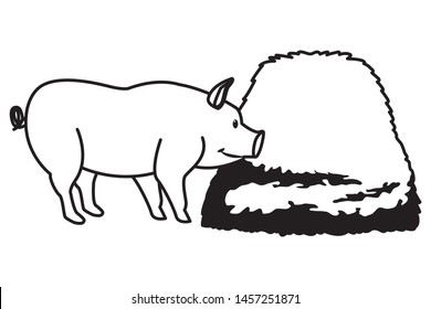 farm, animals and farmer pig with hay icon cartoon in black and white vector illustration graphic design