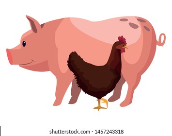farm, animals and farmer pig and hen icon cartoon vector illustration graphic design