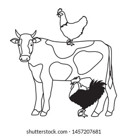 farm, animals and farmer rooster and hen over a cow icon cartoon in black and white vector illustration graphic design