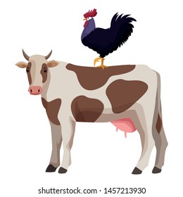 farm, animals and farmer rooster over a cow icon cartoon vector illustration graphic design