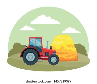 farm, animals and farmer farm tractor with hay icon cartoon over the grass with bush and clouds vector illustration graphic design
