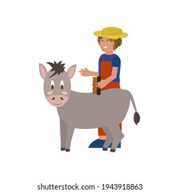 Farm animals with a farmer. Vector animal characters with a man in the flat style. A girl takes care of a Donkey. A postcard with livestock and people. Vector illustration