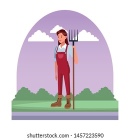 farm, animals and farmer woman with overall, boots and holding a rake avatar cartoon character over the grass with bush and clouds vector illustration graphic design