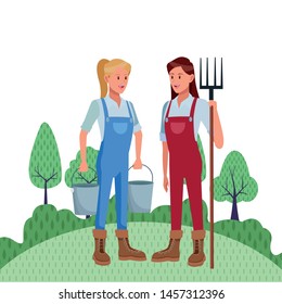 farm, animals and farmer woman with rake and woman holding two pails avatar cartoon character over the grass with trees and shrubbery. vector illustration.
