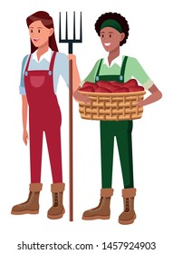 farm, animals and farmer women with rake and afroamerican woman with wicker basket avatar cartoon character vector illustration graphic design