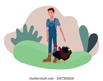 farm, animals and farmer young man with overall with rooster and hen avatar cartoon character over the grass with shruberry and plants vector illustration graphic design
