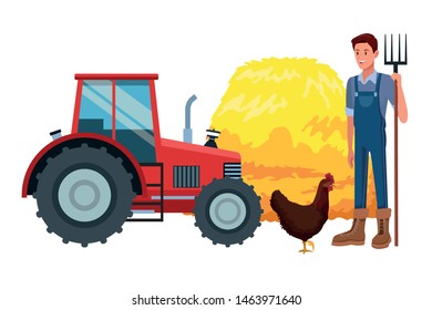 farm, animals and farmer young man with rake, agriculture tractor, hay and rooster vector illustration graphic design