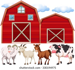 Farm animals and farmhouses illustration