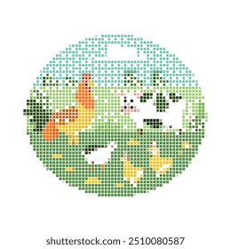 farm animals in the fields, cow, chickens, colorful mosaic vector  