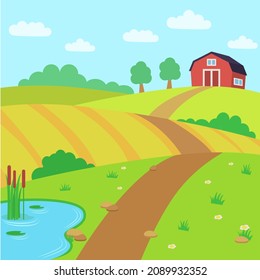 Granja para animales, campos, paisaje. Una foto de un niño. Ilustración vectorial en el estilo plano.