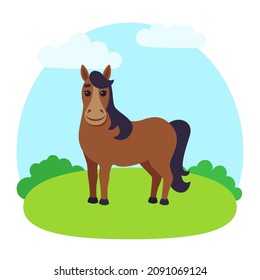 Farm for animals, fields, landscape. Horse. Vector illustration in the flat style.