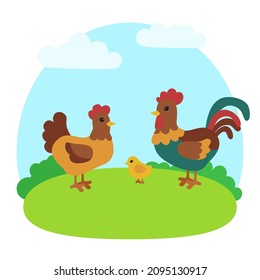 Farm for animals, fields, landscape.Chicken, rooster and chicken . Vector illustration in the flat style.