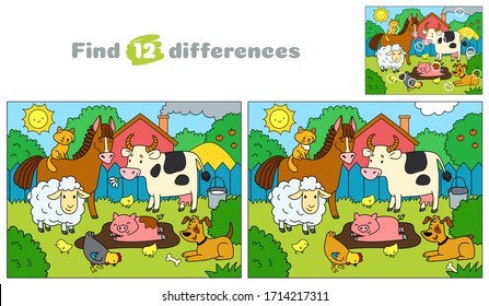 Farm animals. Find 12 differences. Educational game for children. Cartoon vector illustration.