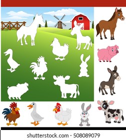  Farm Animals. Find The Correct Shadow.