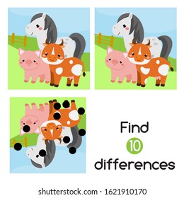Farm animals, Find the differences educational children game with answer. Kids activity