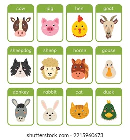 Farm animals flashcards set. Educational flash card with cute farm characters. Cow, pig, sheep, hen and other. Learning material for kids. Vector illustration