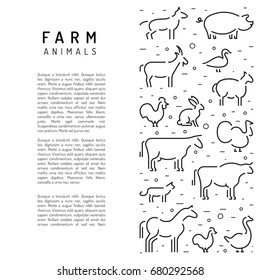Farm animals flat linear on a white background banner with place for text. Booklet for advertising of farm products