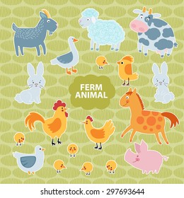 Farm animals flat set isolated on green background vector illustration. farm  background
