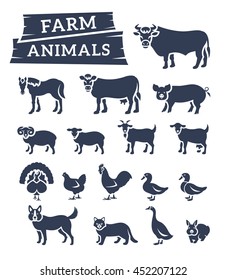 Farm animals flat silhouettes vector icons set. Monochrome symbols of large and small cattle, domestic birds and pets.