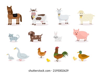 Farm animals in flat style.  Collection of cute cartoon animals: sheep, goat, cow, donkey, horse, pig, cat, dog, duck, goose, chicken, rooster. Vector illustration 