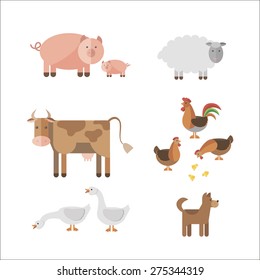 Farm animals in flat style: cow, hen, cow, dog, pig, chicken, goose, sheep. Can be used for web, games: sprites and tile sets. 