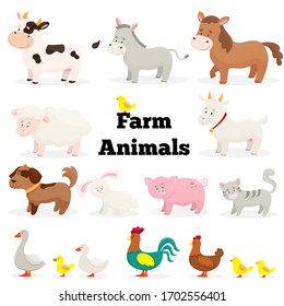 Farm animals in flat style. Isolated over white background. Collection of cute cartoon animals: cow, goat, horse, pig, donkey, sheep, dog, cat, rabbit, rooster, chicken, chickens, goose, duck.