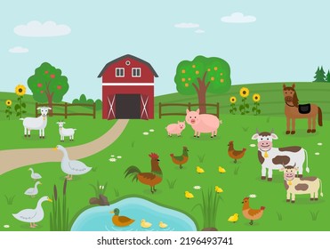 Farm with animals. Flat style. Vector illustration 