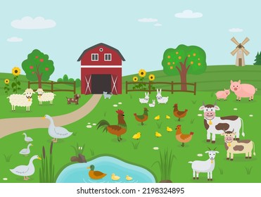 Granja con animales. Estilo plano. Ilustración del vector 