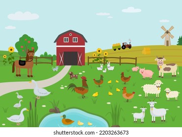 Farm with animals. Flat style. Vector illustration 