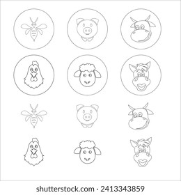Farm animals flat vector outline, shapes in outline
