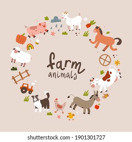 Marco de los animales de granja, plantilla de borde del espacio de copia con corona de flores de los animales domésticos, de las vacas, de las ovejas y de los cerdos ilustrados, bien como pancarta o póster