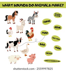 Farm animals. Game what sound do animals make. Educational task for elementary school, kindergarten, children. Domestic animal cow, goat, chicken, goose, pig and others.