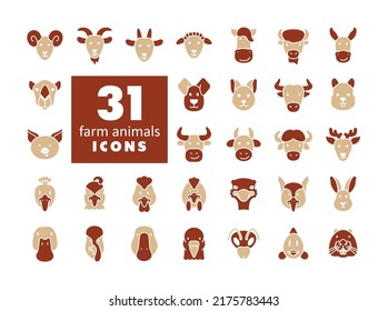 Farm animals glyph isolated icons set. Vector head illustration. Agriculture sign. Graph symbol for your web site design, logo, app, UI. EPS10.