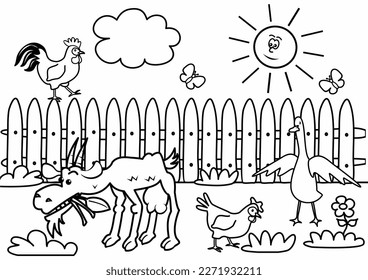 Farm animals, goat, goose, rooster and hen, meadow with butterfly, sun and cloud, nature, art, drawing activity, coloring page