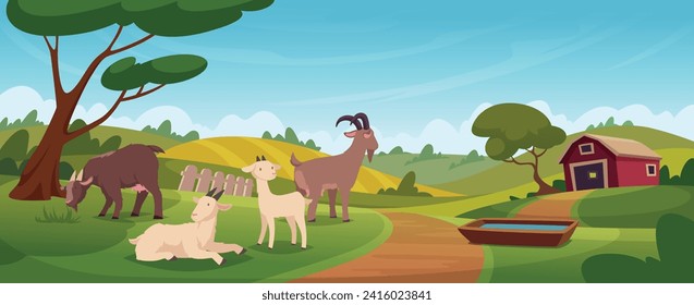 Farm animals. Goats standing and walking on farm background outdoor landscape exact farm for organic food production