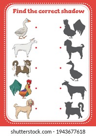 Farm animals: goose, goat, cat, rooster, dog Find the correct shadow. Educational game for children. Cartoon vector illustration.