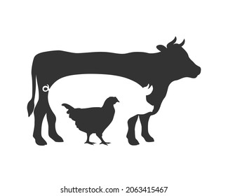 Farm animals graphic symbol. Cow, pig and chicken sign isolated on white background. Livestock symbol. Vector illustration