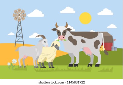 Farm animals graze on the field. Farm landscape with windmill. Cute goat, sheep and cow chewing grass. Vector flat illustration