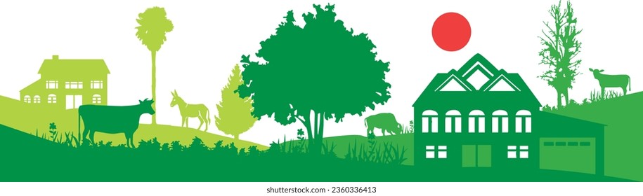 Farm animals graze in pasture. Cow, bull, donkey silhouette. Rural landscape with farmer house. Animals for meat and fat. Isolated on white background. Vector.