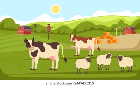 Farm animals grazing in the pasture concept. Vector flat graphic design illustration