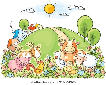 Farm animals and the green hill