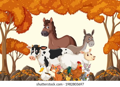 Farm animals group in the autumn forest scene illustration