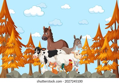 Farm animals group in autumn forest scene illustration