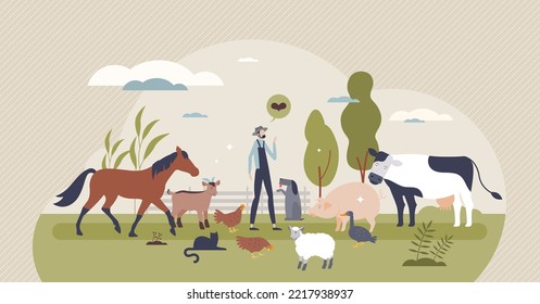 Farm animals grow for domestic milk, eggs or meat supply tiny person concept. Farming industry with cow, pig, livestock, chickens and sheep cultivation vector illustration. Idyllic countryside scene.