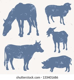 Farm animals with grunge effect, vector silhouettes